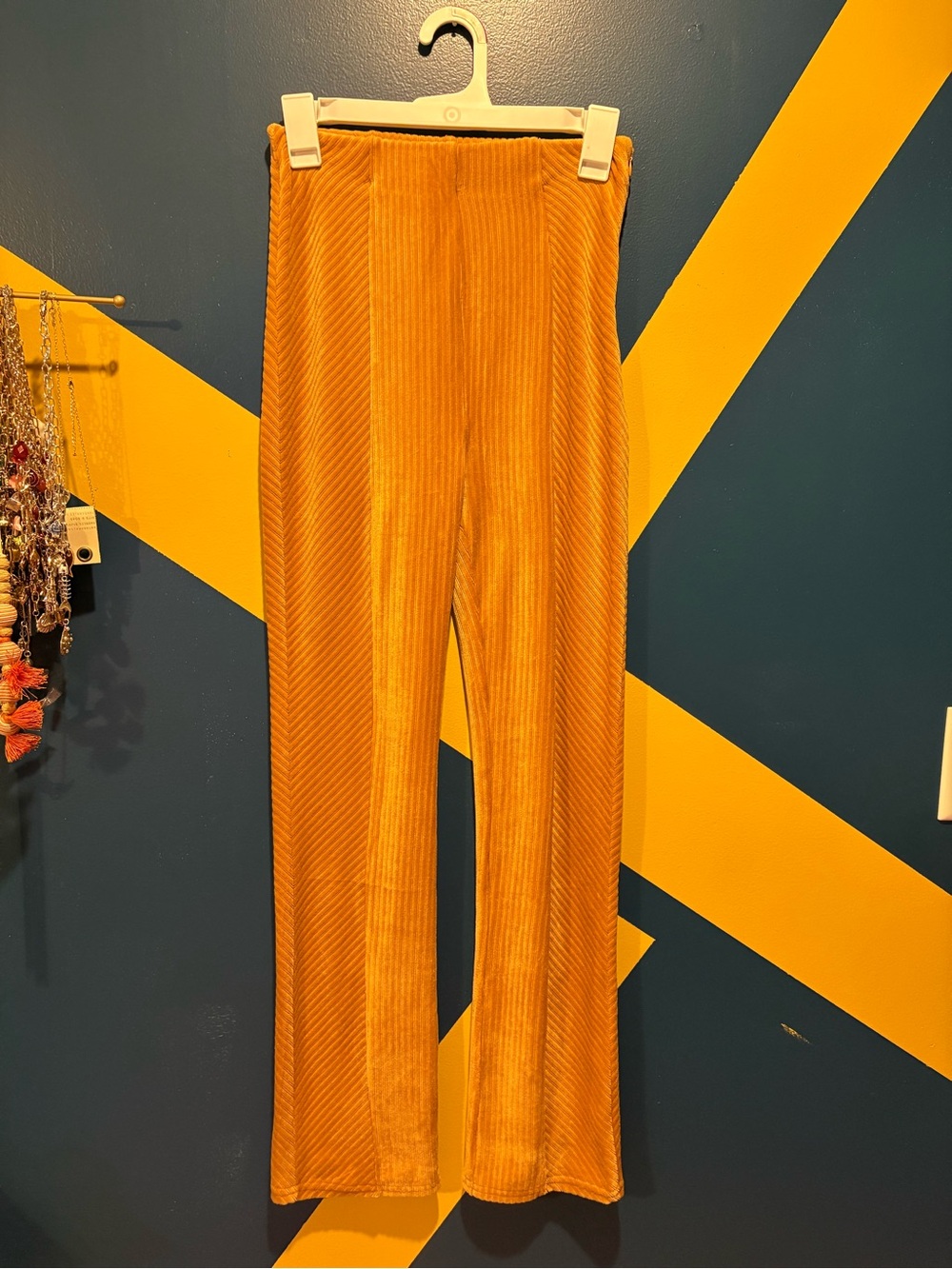 Mustard Yellow Ribbed Velvet Flare Pants